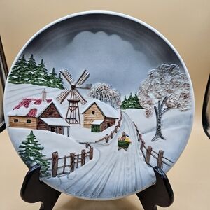 Winter Scene Farm Majolica Hanging 9" Plate Handpainted Western Germany